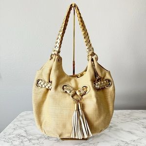Michael Michael Kors Faux Rattan Braided Gold Leather Large Shoulder Bag